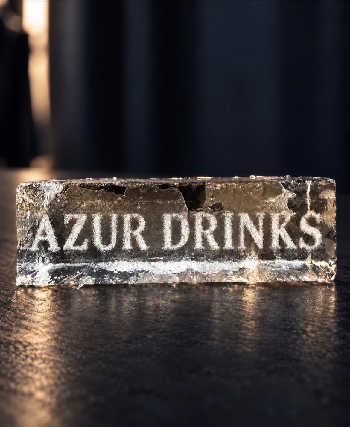Bloc de glace gravé au nom de la maison