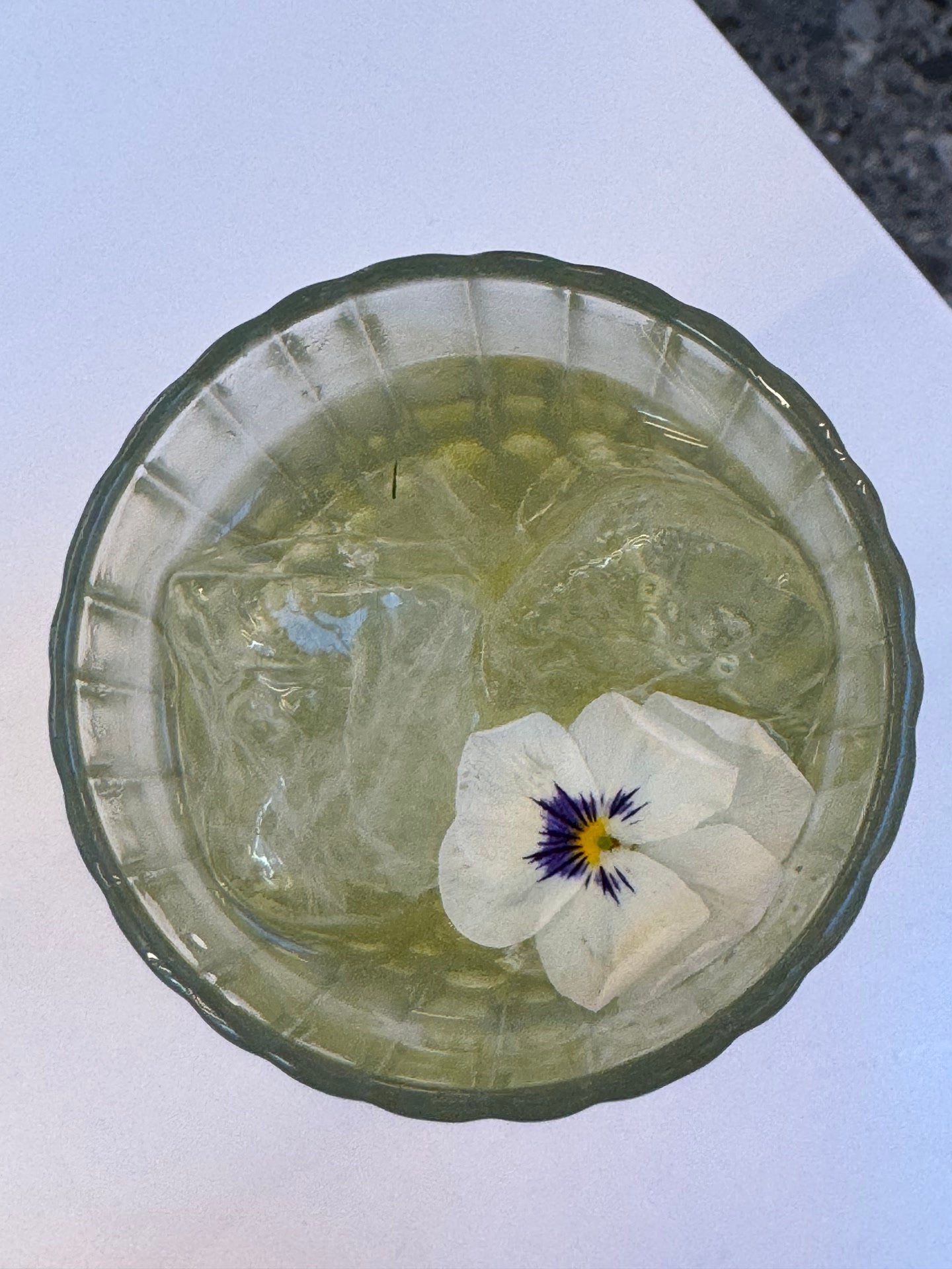 Cocktail clair vu du dessus, avec une fleur comestible posée sur la glace